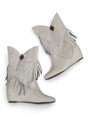 Obsession Rules Hopey White Leather Fringe Western Boots Size 7.5 Boho Festival